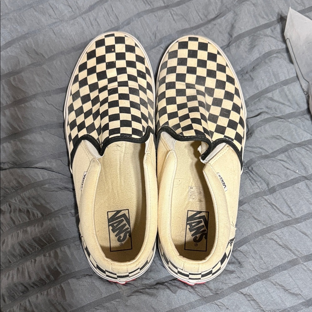 Vans Black and Cream Checkerboard Slip-Ons